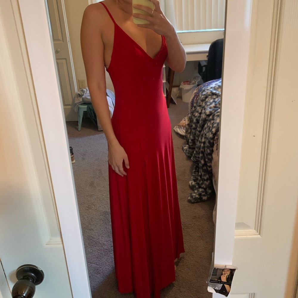 Red long fitted backless dress with front slits